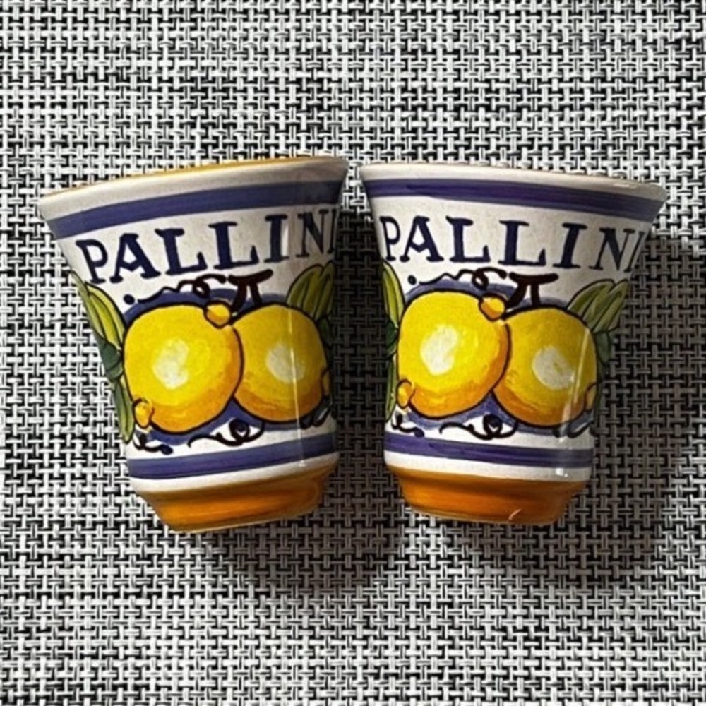 Pallini Limoncello Shot Glasses Set of 2 Deruta Italy Hand Painted Ceramic Lemon